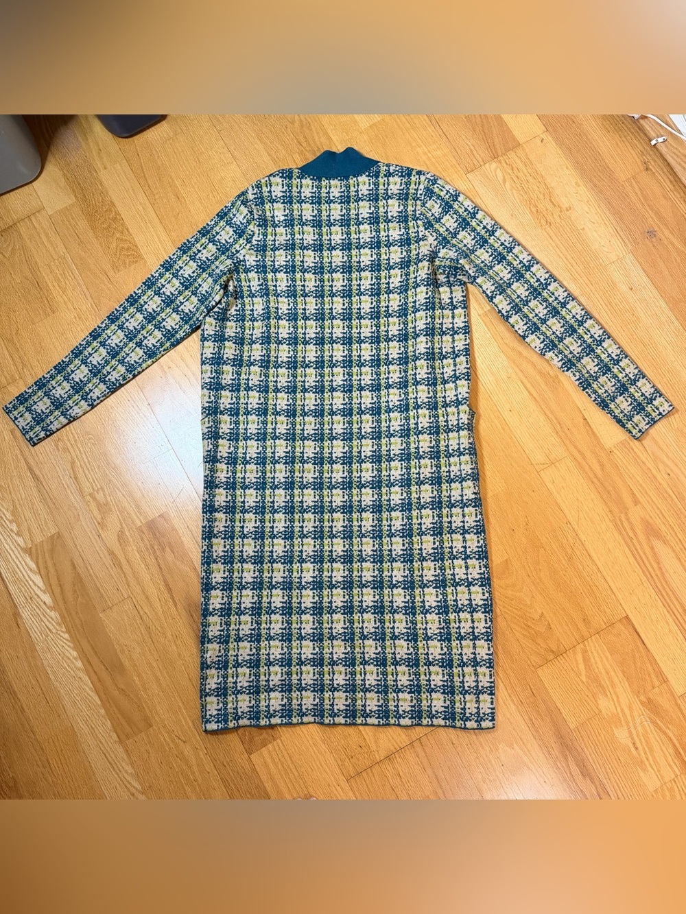 Christian Siriano NWT Plaid Open Front Long Cardigan Sweater Teal Multi L Preppy - Picture 2 of 12